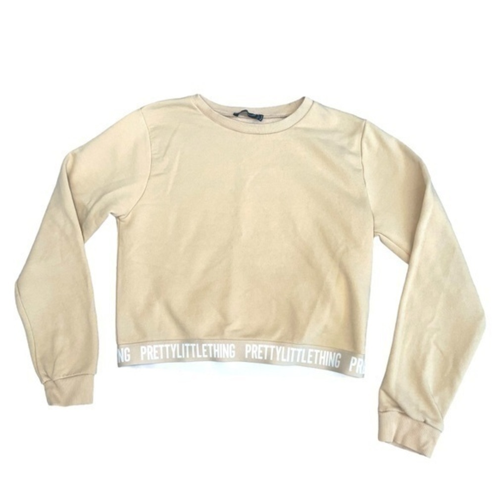 PRETTYLITTLETHING TAN SWEATER WITH WHITE LOGO BANDING